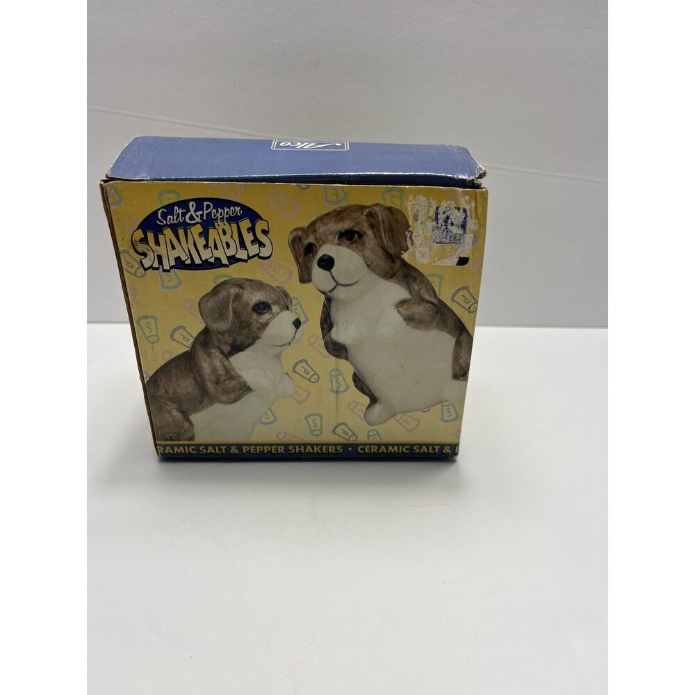 Alco Salt Pepper Shaker Set Hand Painted Brown Dog Ceramic Shakeables-Open Box